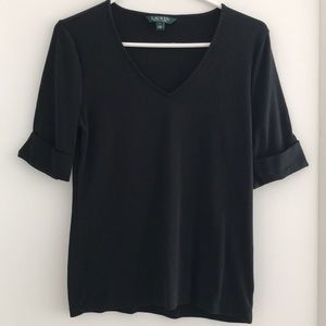 Ralph Lauren | Black Woman’s T-shirt, Size L. Cuffed sleeve detail, V neck.